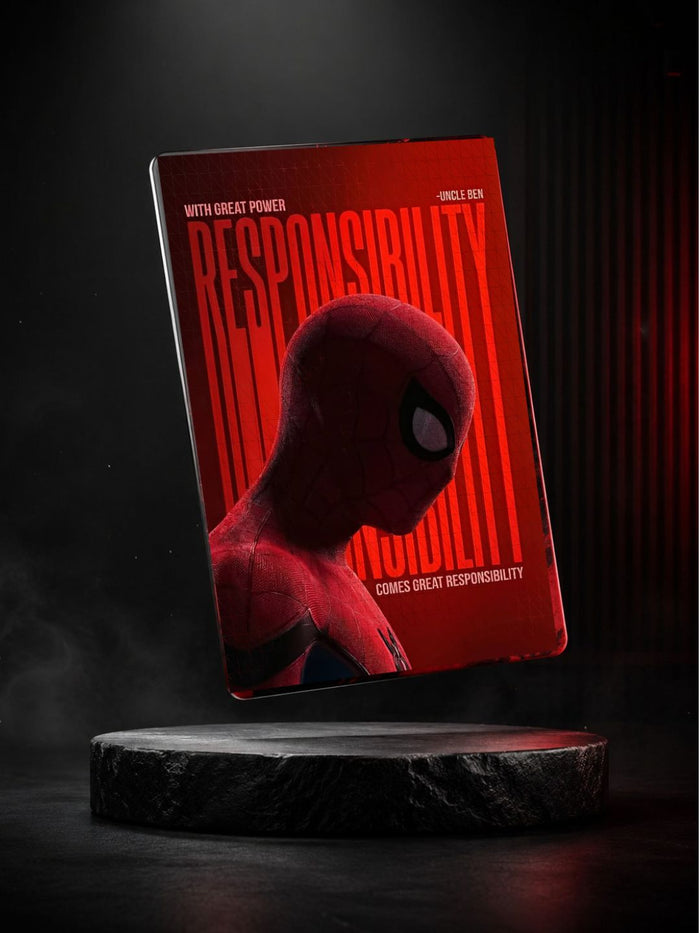 A red Spider-Man: No Way Home movie poster or print standing upright on a round dark pedestal against a dark studio background with red lighting.